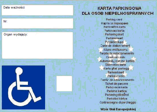 Awers karty parkingowej dla niepełnosprawnych.